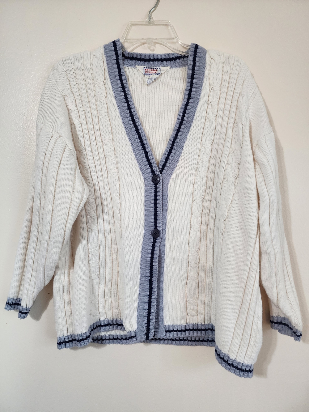 Women's Cream Cable Knit Cardigan with Blue Trim